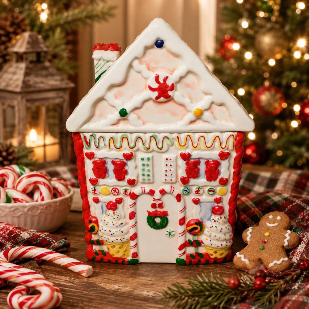 Vintage Christmas Gingerbread House Ceramic Cookie Jar Hand Painted Kitsch Retro